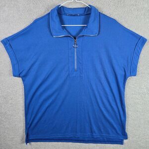 Vivilli Women's XL Blue Ribbed 1/4 Zip Collared Cuffed Short Sleeve Polo Shirt